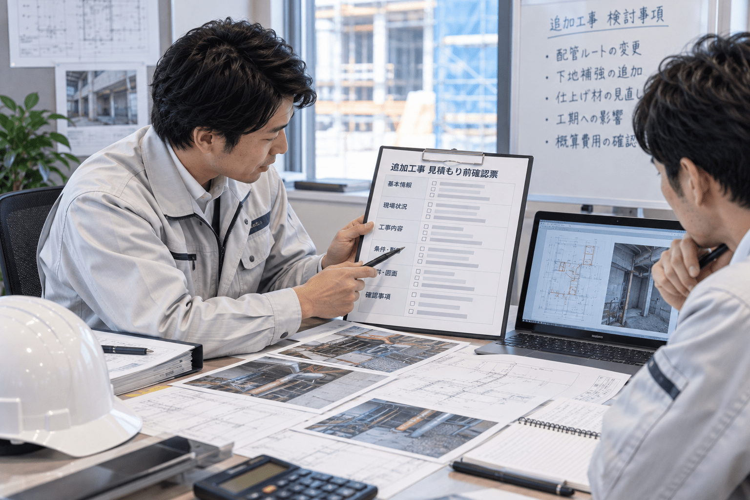 追加工事の見積もり前確認票と現場資料を照合する建設会社の担当者