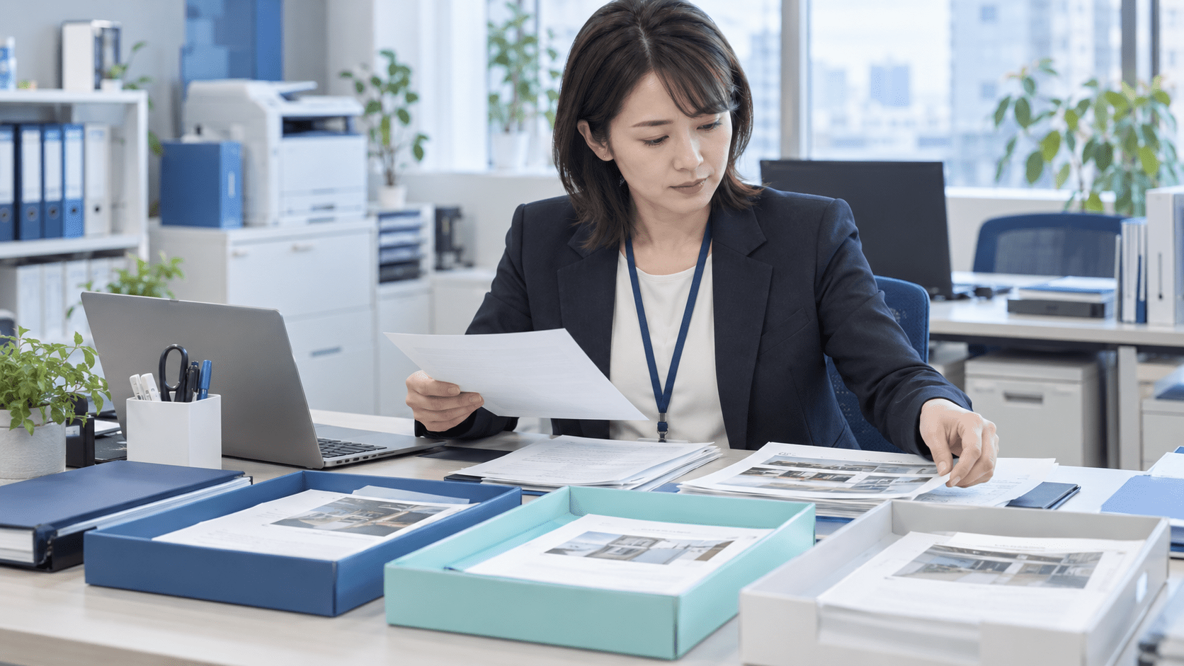 竣工後に届いた複数の問い合わせ資料を分類しているアフターサービス担当者