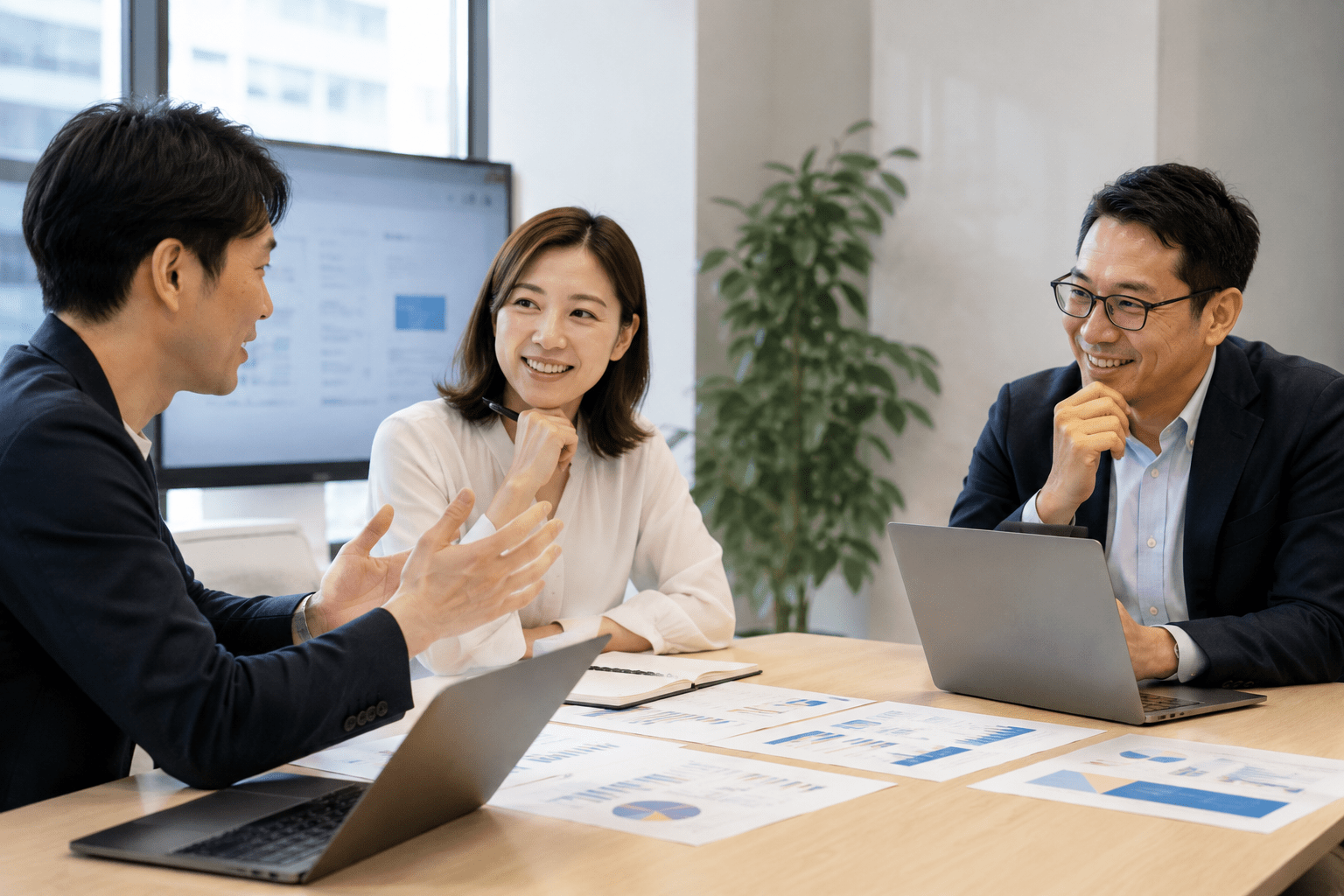 外部のAI顧問と社内メンバーが協力して業務を改善する様子