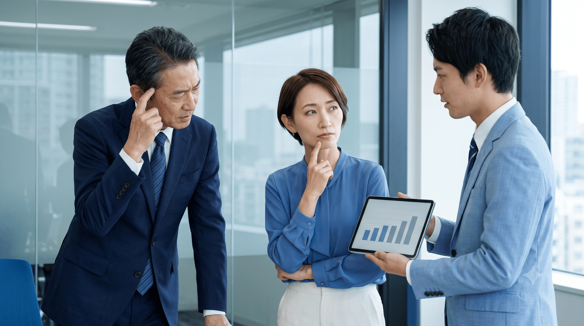 経営陣と現場、AI顧問の間で認識のズレが生じているイメージ