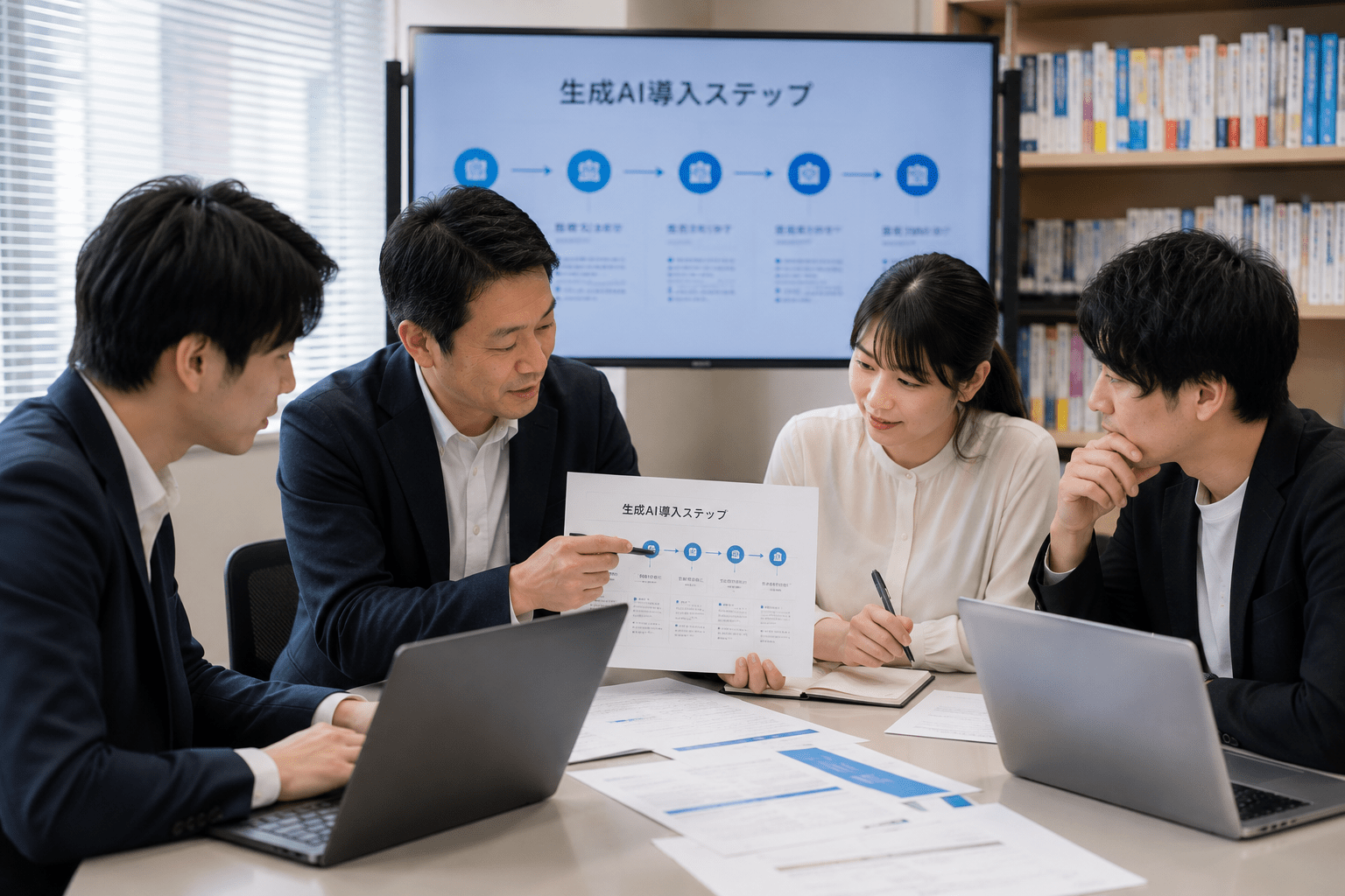 生成AIの導入ステップを確認し、チームで共有する学習塾のプロジェクトメンバー