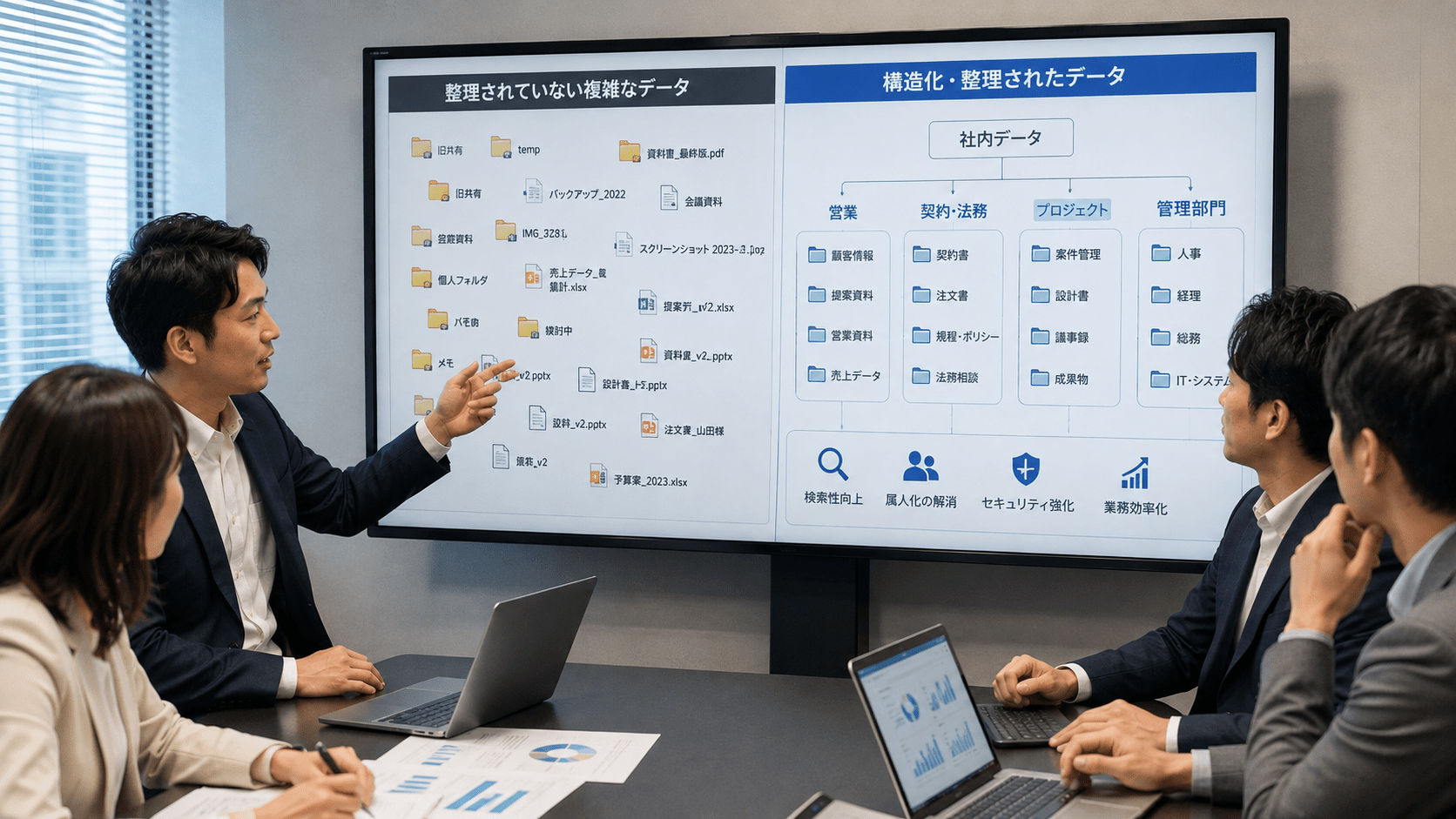 整理されていない複雑な社内データと、綺麗に構造化された社内データの比較イメージ