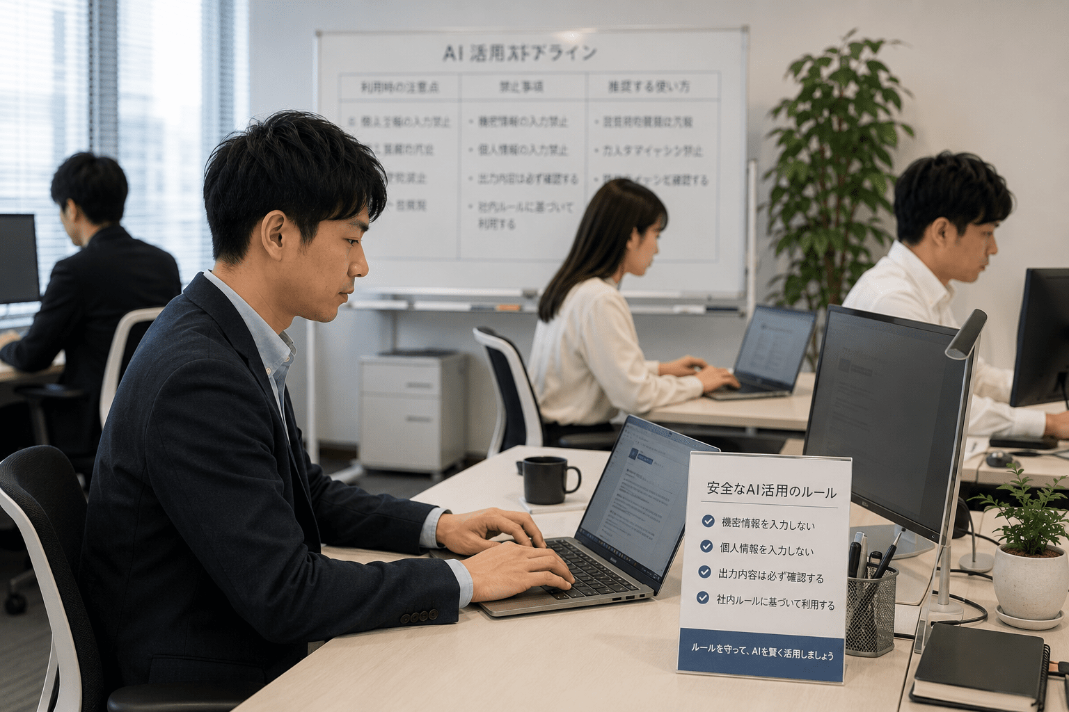 社内担当者がルールを定めて安全にAIを活用している業務風景