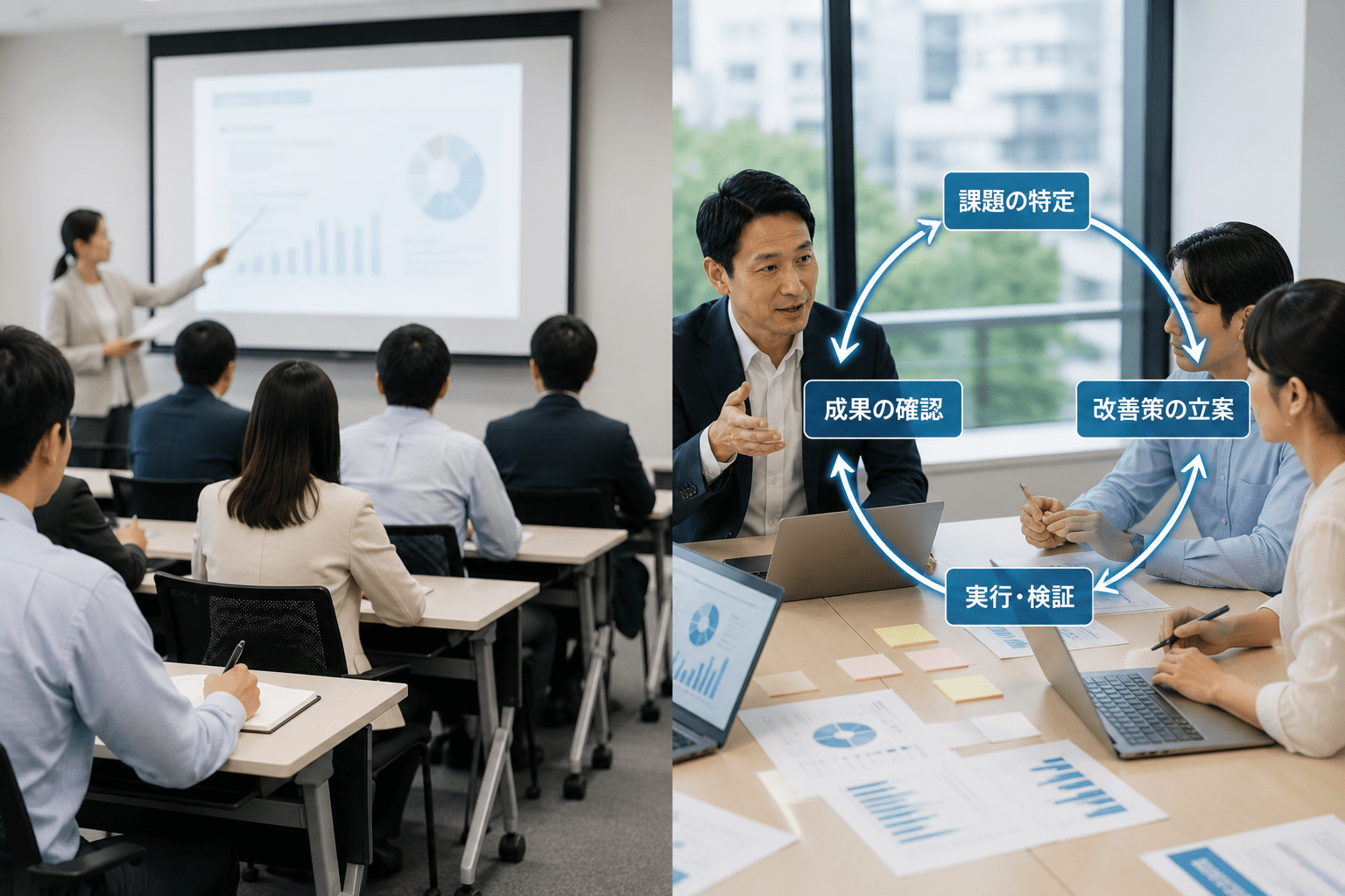研修での単発的な学習と、顧問による継続的な業務改善のサイクルの違い