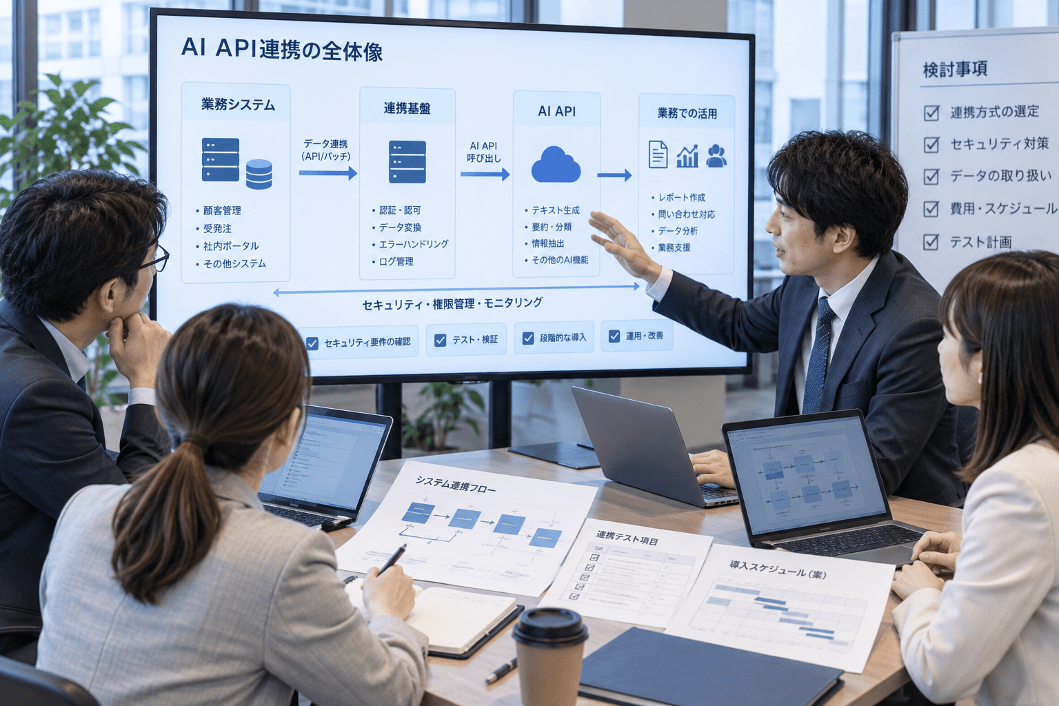 AI APIを業務システムへ連携する流れを確認する企業チーム