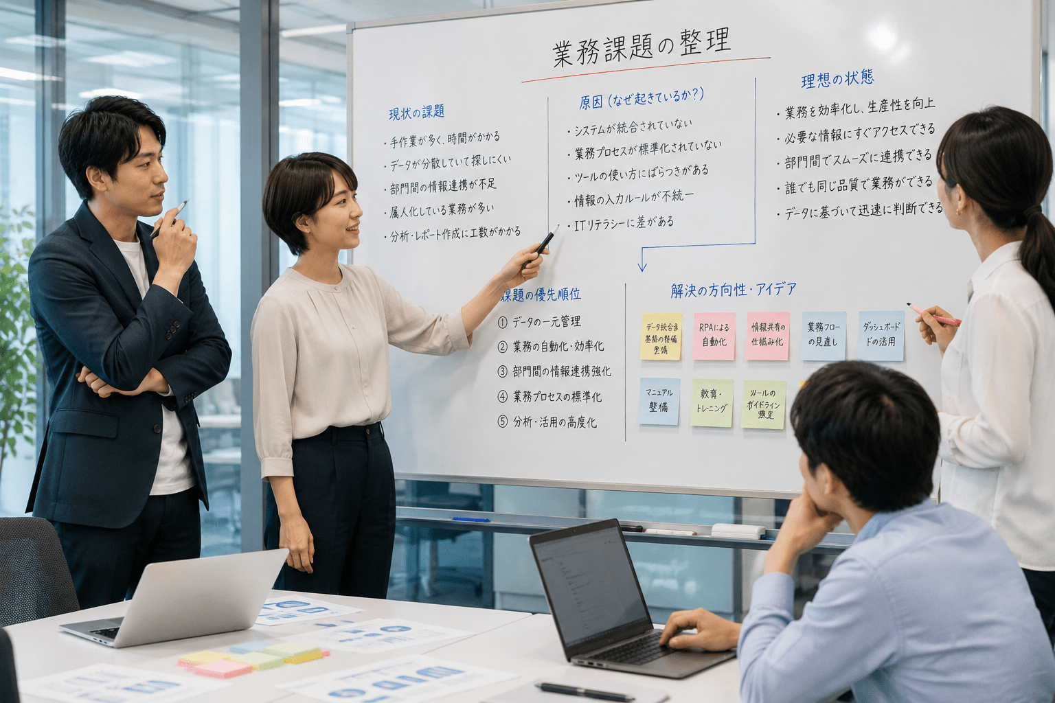 オフィスのホワイトボード前で業務課題を整理するチーム