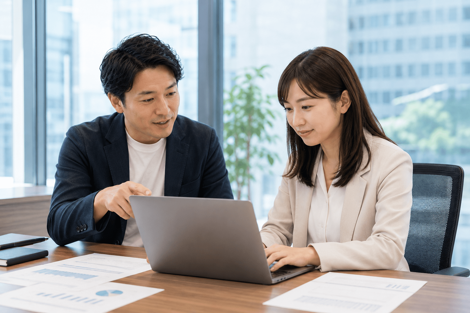 外部の専門家からのアドバイスを受けながらパソコンで作業を進める担当者