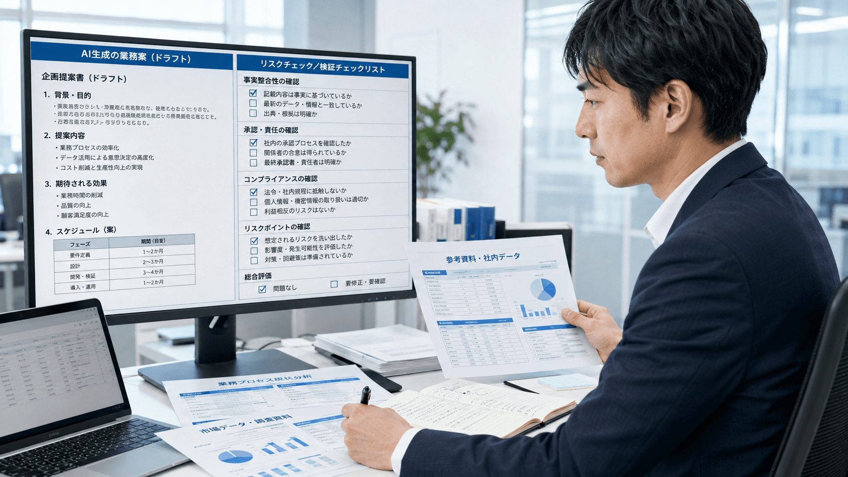 AIが作成した業務内容を資料と照合して責任リスクを確認する日本企業の担当者