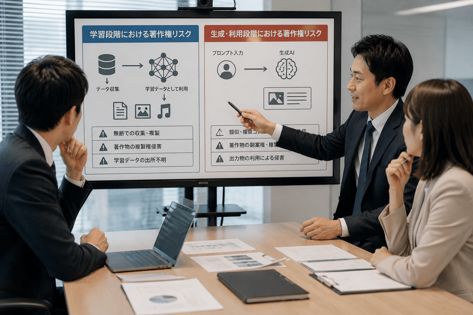 生成AIの学習段階と生成・利用段階における著作権リスクの図解イメージ