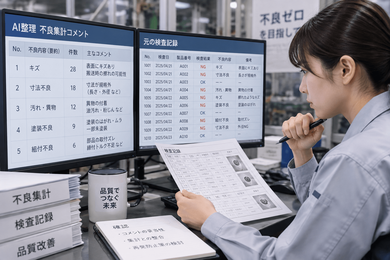 AIで整理した不良集計コメントと元の検査記録を照合する品質管理担当者
