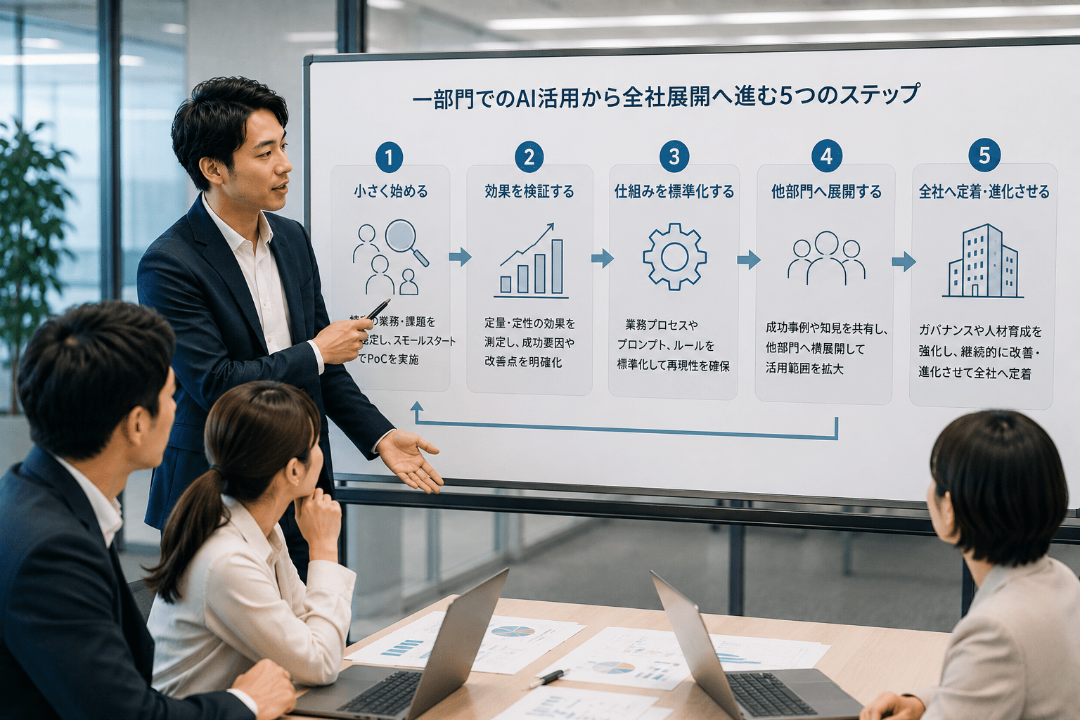 一部門でのAI活用から全社展開へと進む5つのステップを示す概念図