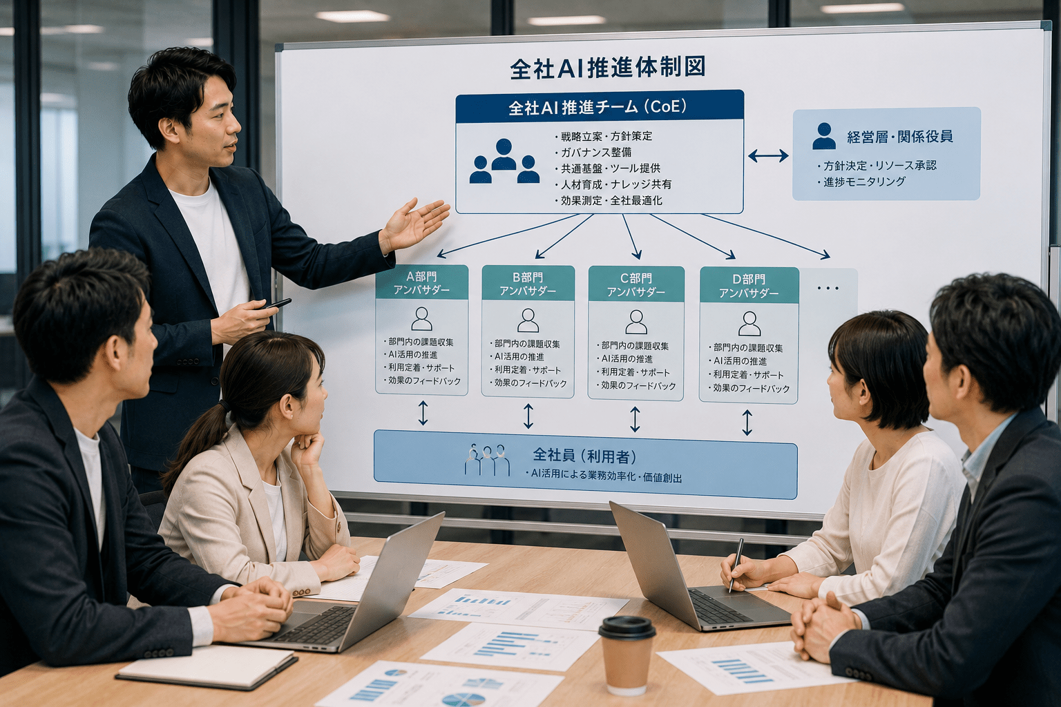 全社AI推進チーム(CoE)と各部門アンバサダーが連携する体制図