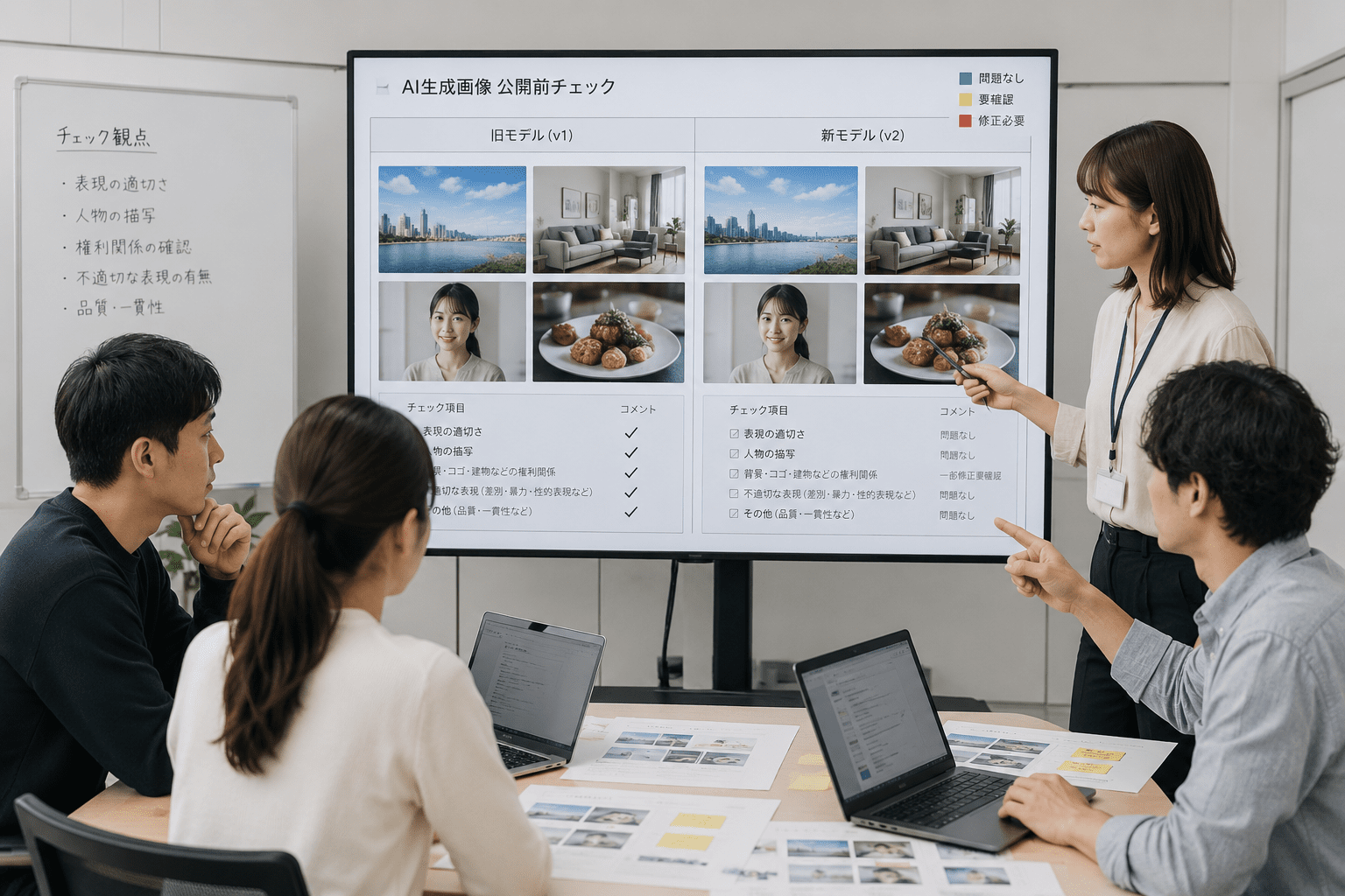 AI生成画像の公開前チェックをチームで行う日本企業の担当者