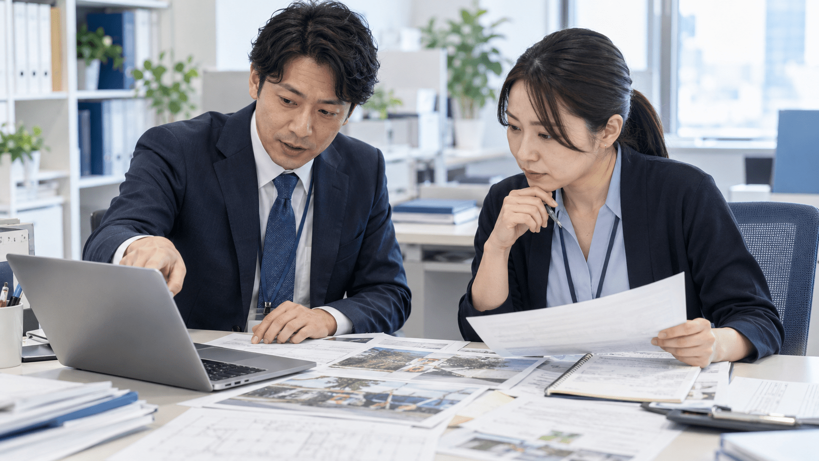 AIで整えた引き継ぎ資料と元の現場資料を照合する担当者と後任者