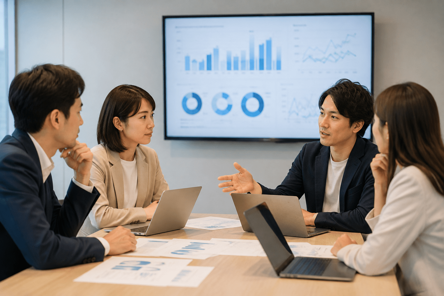 AIがデータを集計し、人が最終的な分析と意思決定を行う様子
