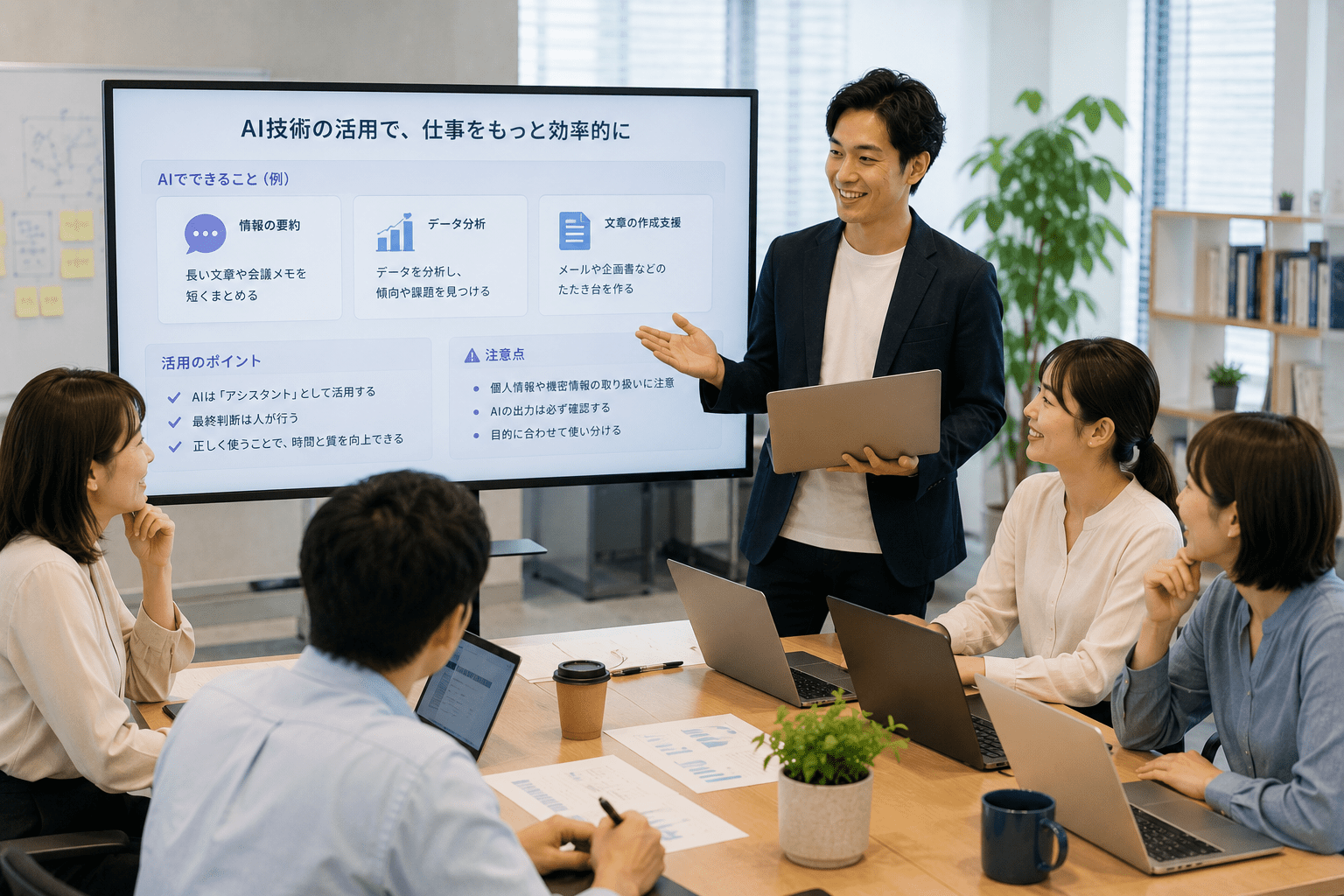 定型的な情報整理を担うAIと、最終的な判断や共感を担う人間の役割分担を表現したイメージ