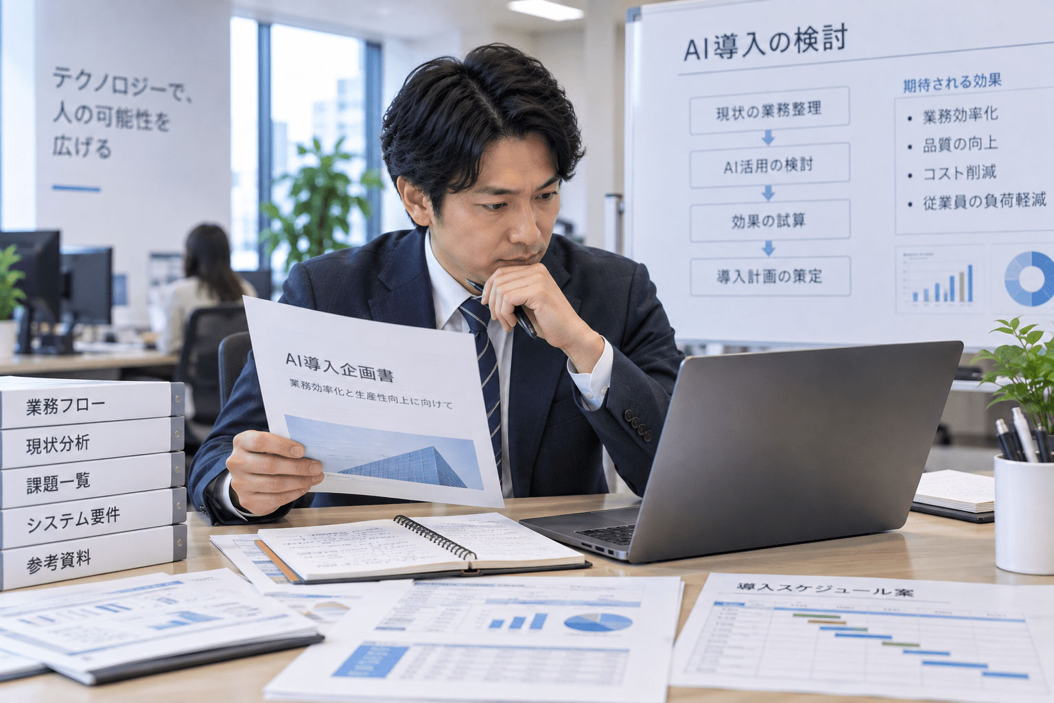 業務資料を確認しながらAI導入企画書の内容を整理する担当者