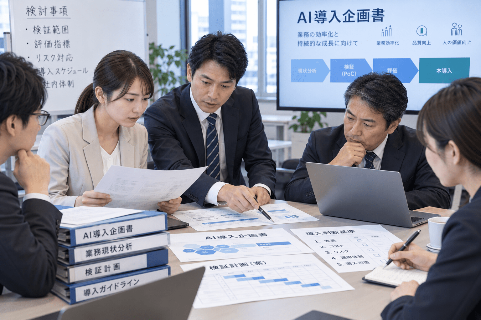 AI導入企画書をもとに検証計画と導入判断を確認する企業チーム