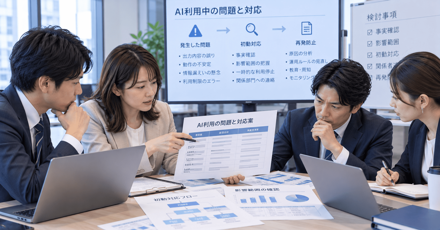 AI利用中の問題について資料を確認し初動対応を整理する企業チーム