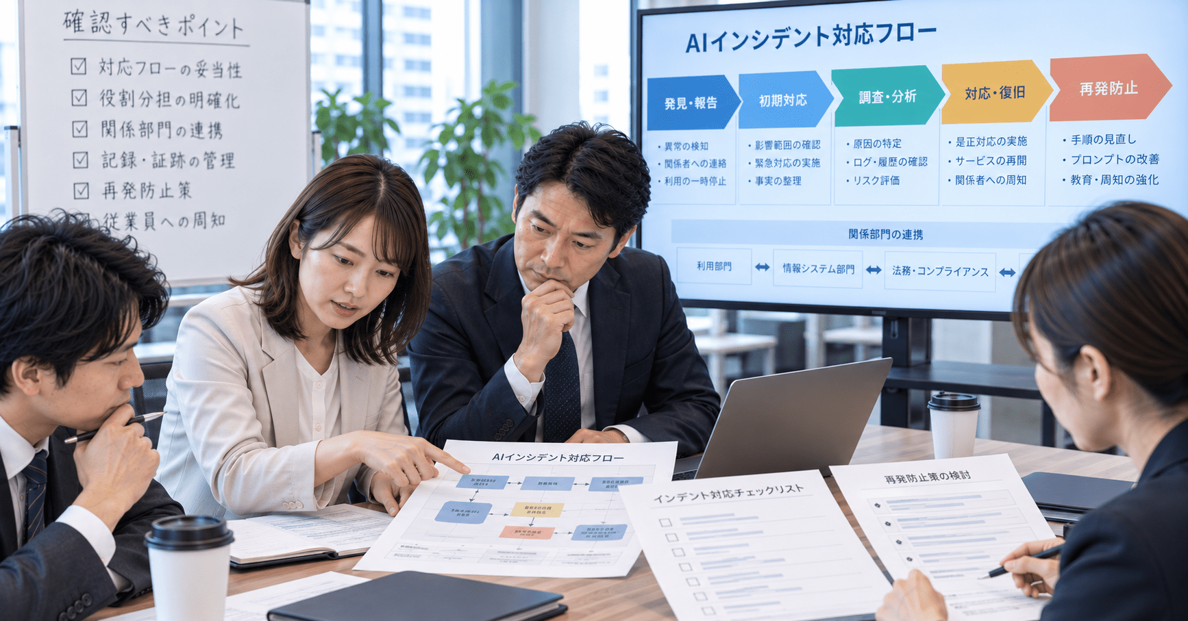 AIインシデント対応フローを複数の担当者が確認している様子