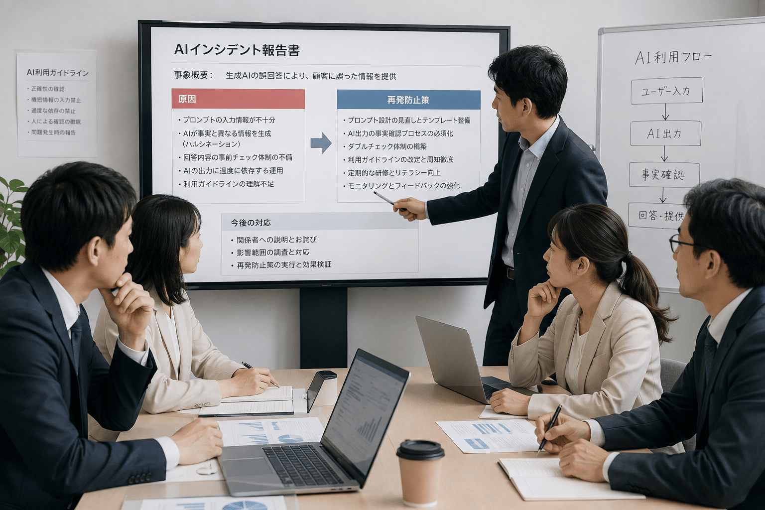 AIインシデントの原因と再発防止策をチームで確認する日本企業の担当者