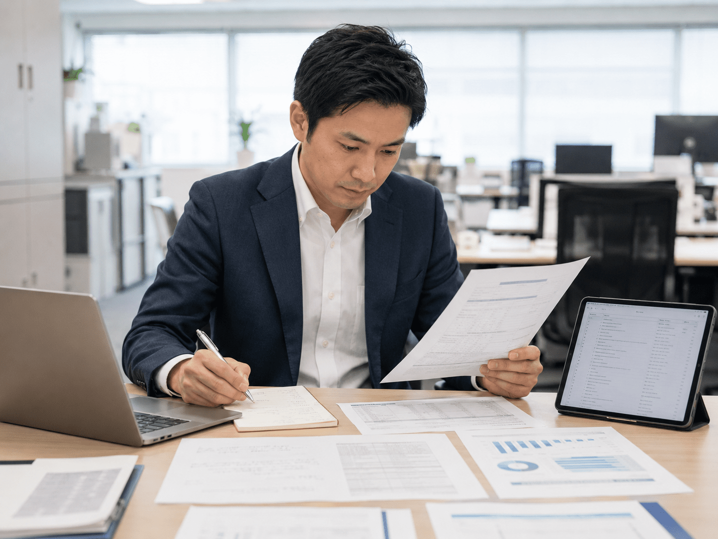 AIの利用記録と業務資料を確認して初動対応を整理する日本企業の担当者