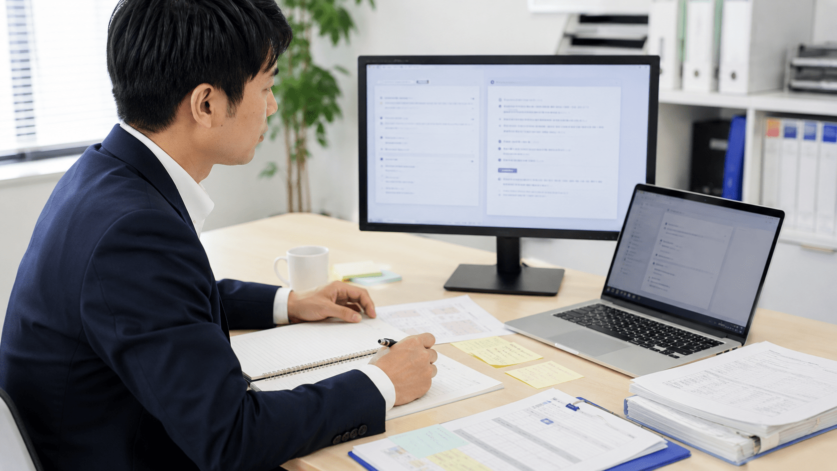 AIへの入力内容と出力結果を確認しながら業務記録を整理する日本企業の担当者