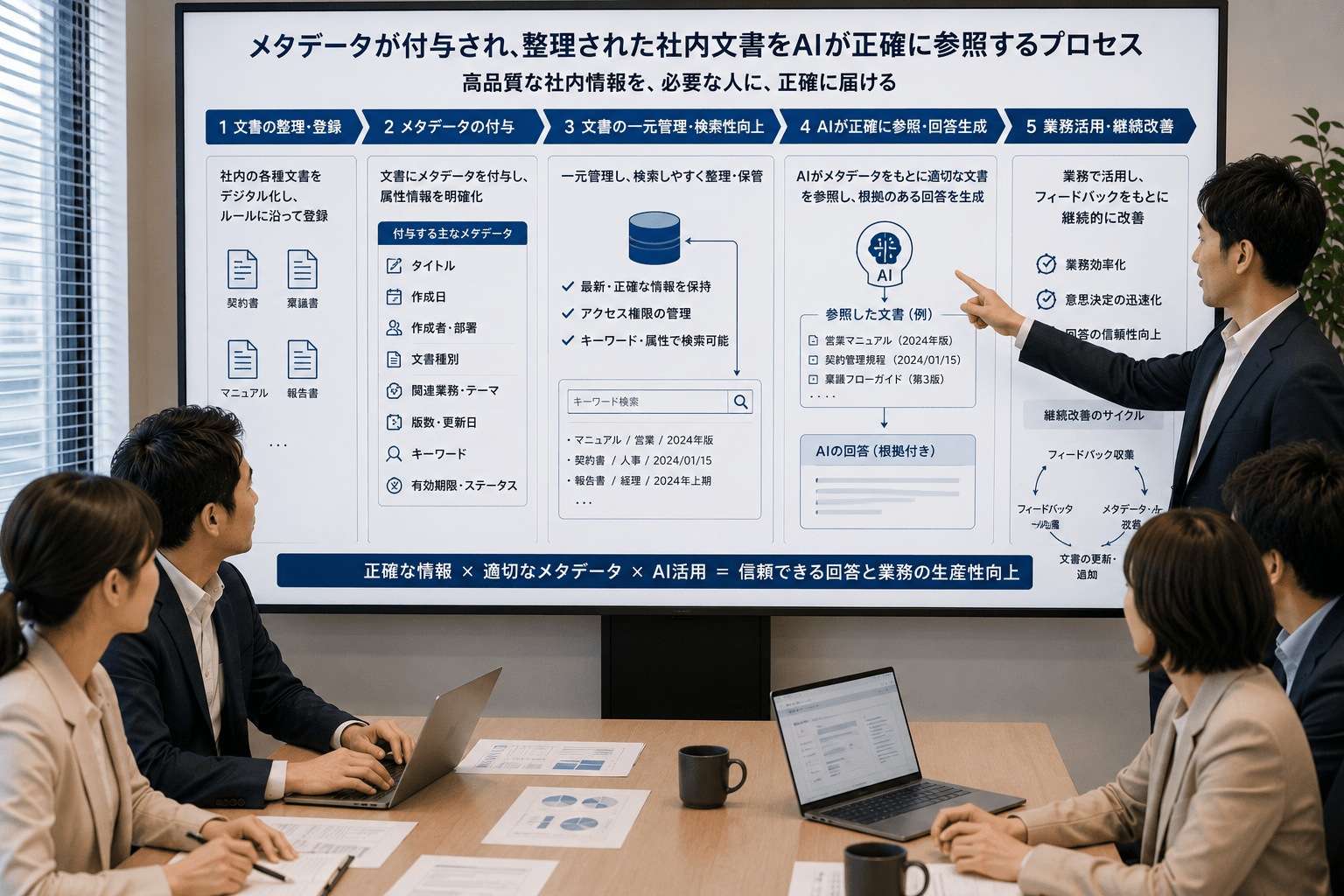 メタデータが付与され、整理された社内文書をAIが正確に参照する業務プロセス