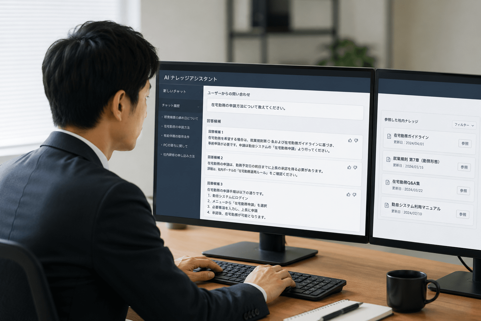 社内マニュアルを確認しながらAIでIT問い合わせの回答案を整理する担当者