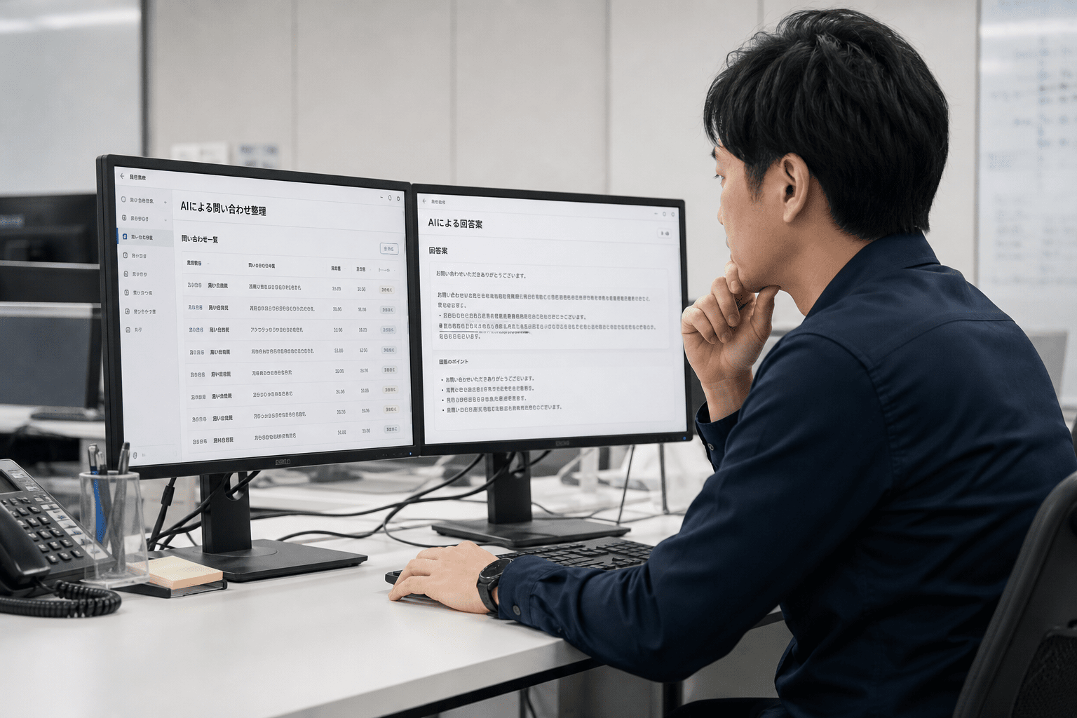 AIで整理したIT問い合わせと回答案を確認する情報システム部門の担当者