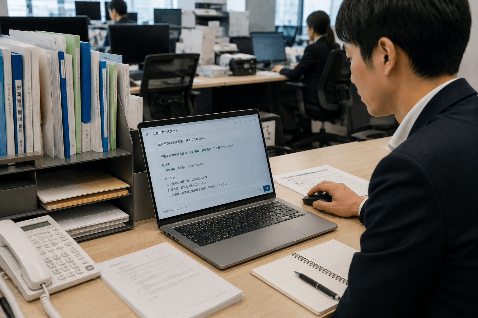 AIが社内マニュアルを検索して回答を生成する仕組み(RAG)のイメージ