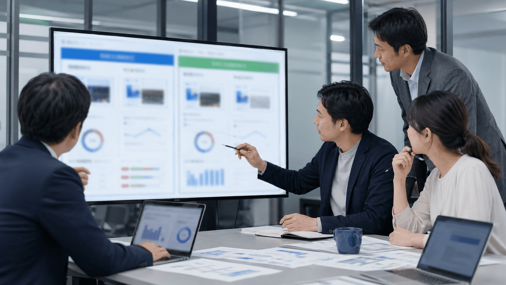 AIモデル更新前後のテスト結果をチームで確認する日本企業の担当者