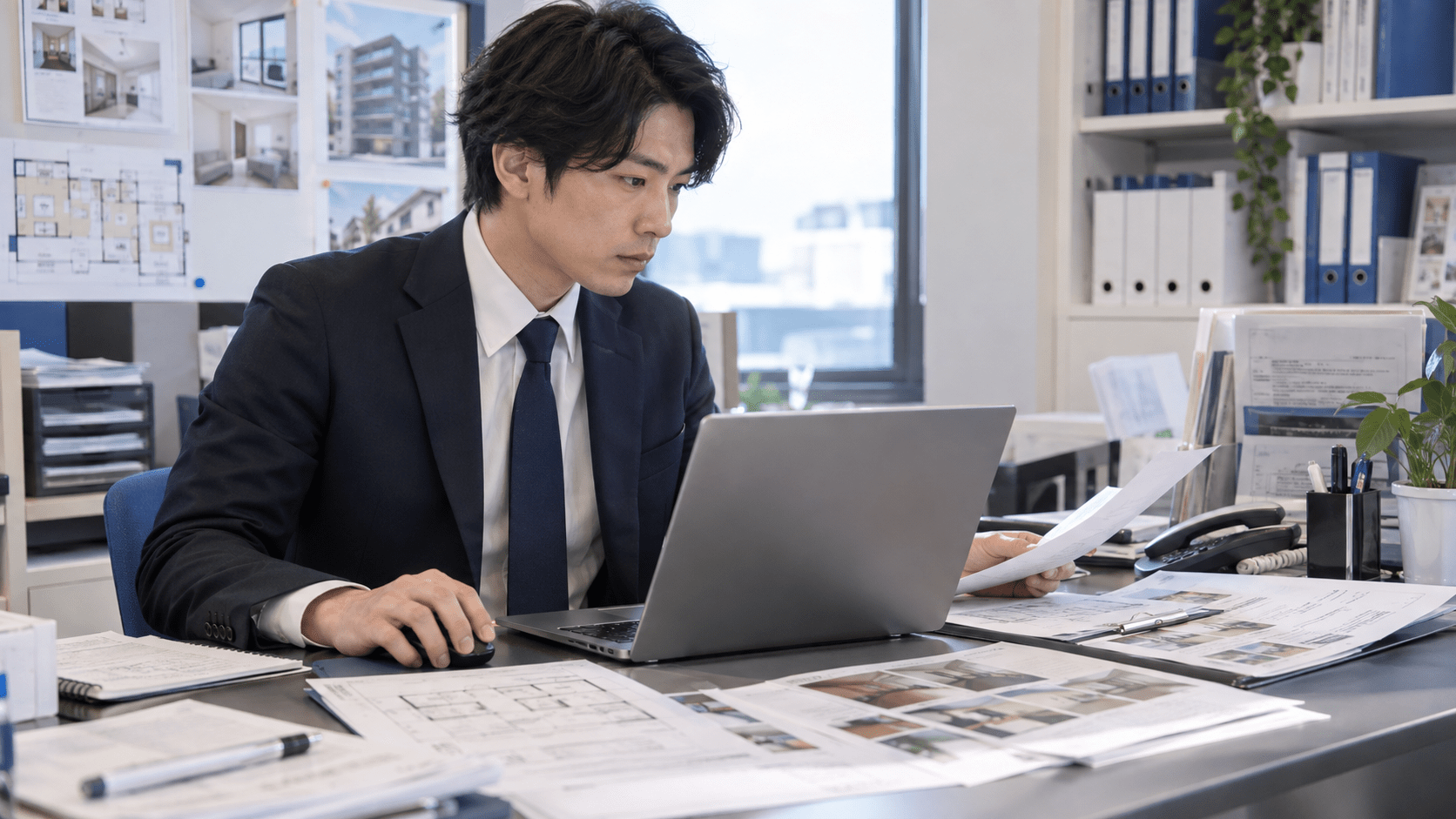 AIで整理した退去受付の社内共有メモと元資料を照合する賃貸管理担当者