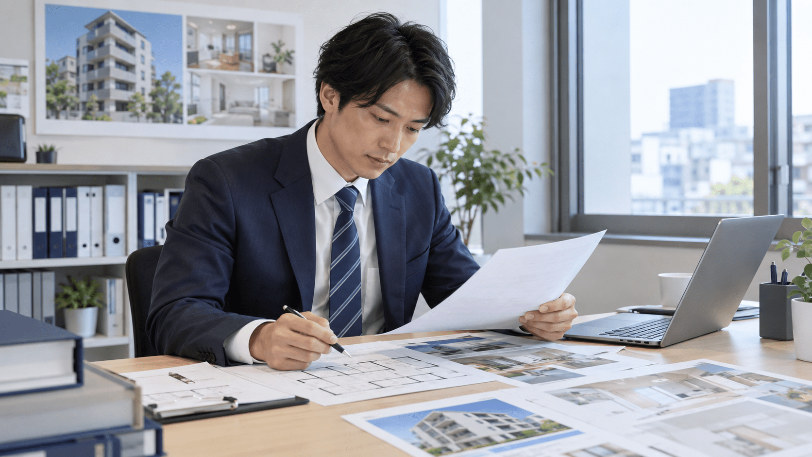 入居者から届いた退去受付内容と物件資料を確認する賃貸管理会社の担当者