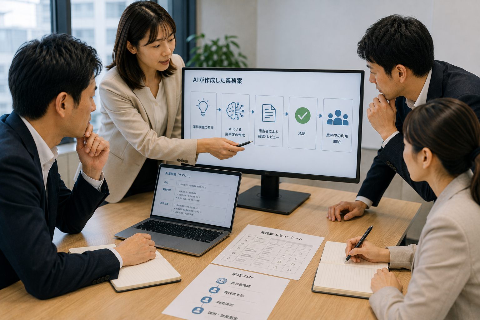 AIが作成した業務内容を担当者と責任者が確認してから利用する日本企業のチーム