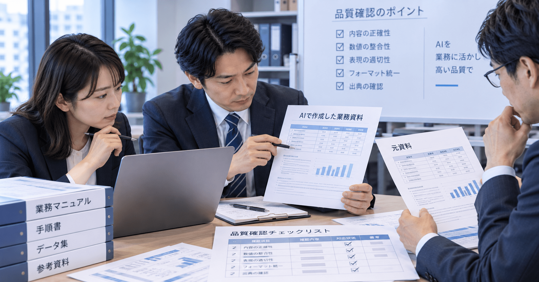 AIで作成した業務資料と元資料を照合し品質項目を確認する企業担当者