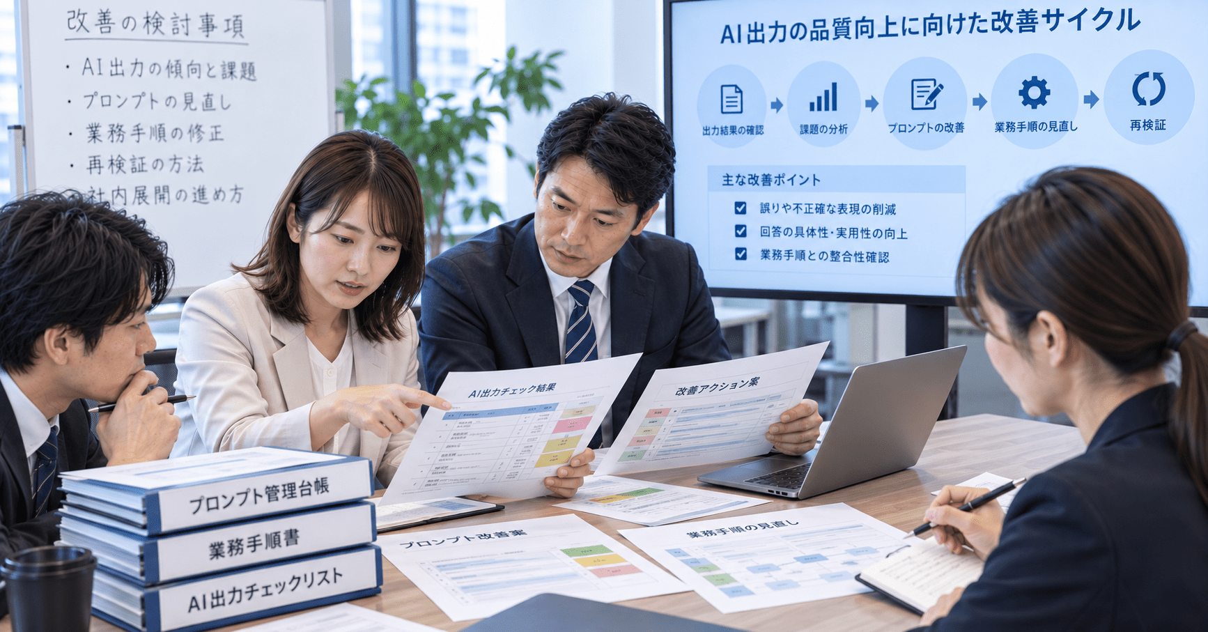 AI出力のチェック結果を確認しプロンプトや業務手順を改善する企業チーム