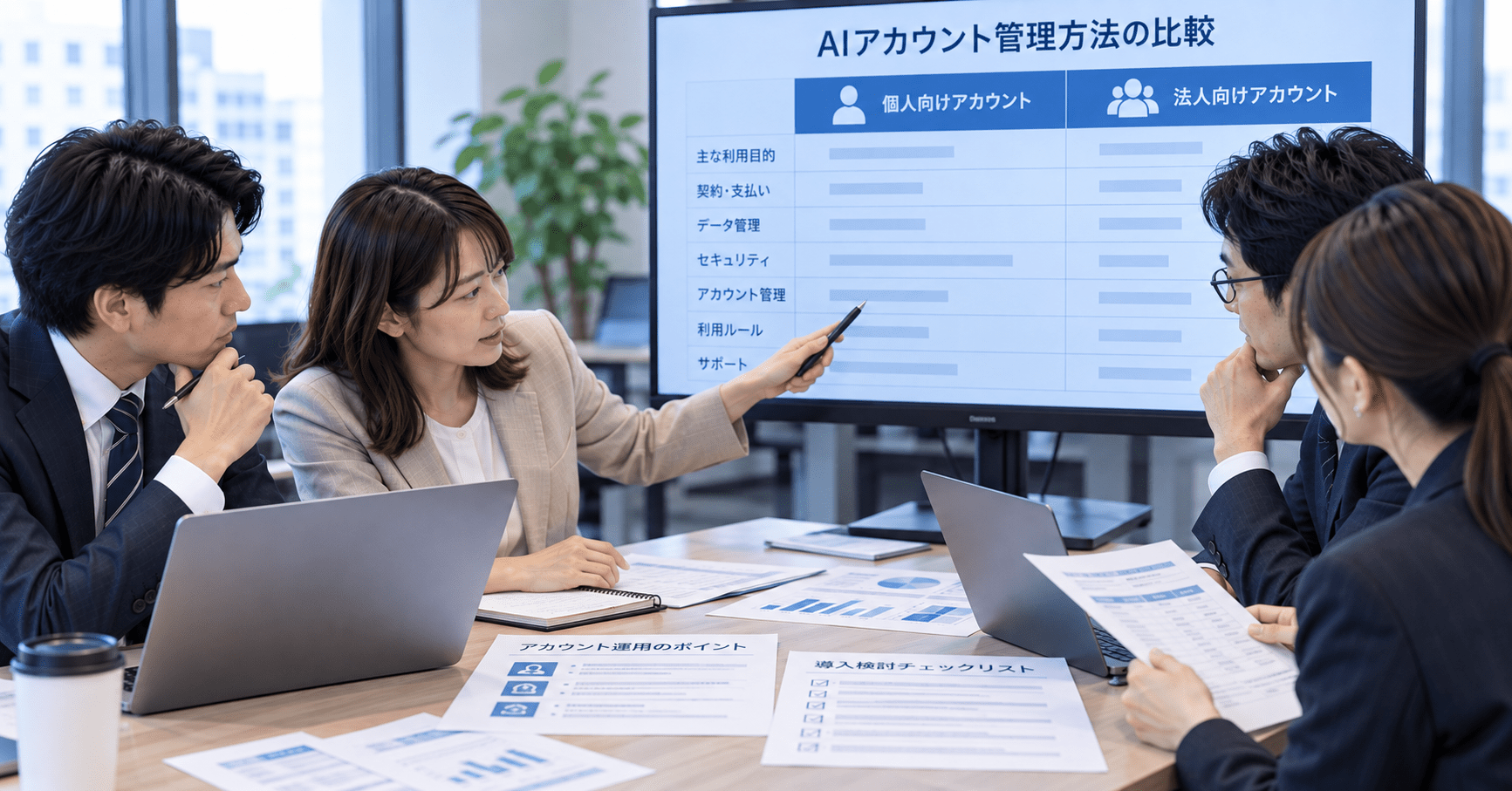 個人向けと法人向けのAIアカウント管理方法を比較する企業チーム
