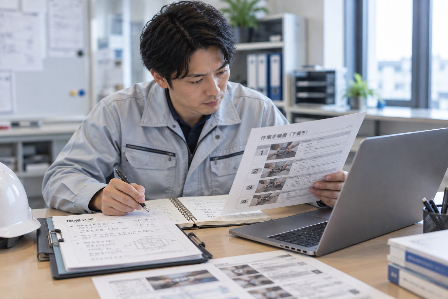 AIで作成した手順書の下書きと元の作業メモを照合する現場担当者