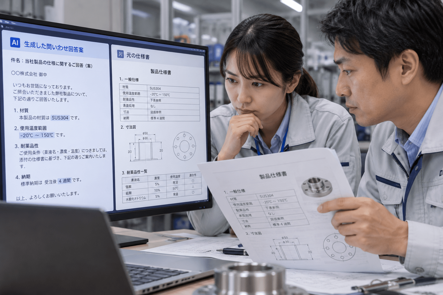 AIで作成した製品問い合わせの回答案と元の仕様書を照合する担当者