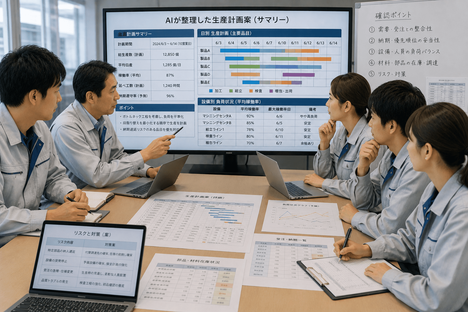 AIが整理した生産計画案をチームで確認する製造業の担当者