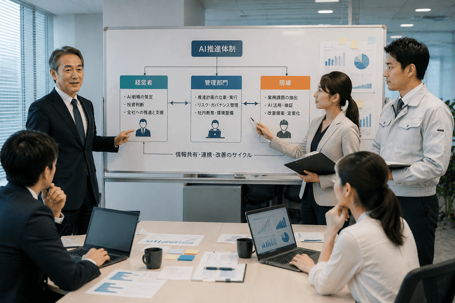 経営者・管理部門・現場の三位一体によるAI推進体制の役割分担