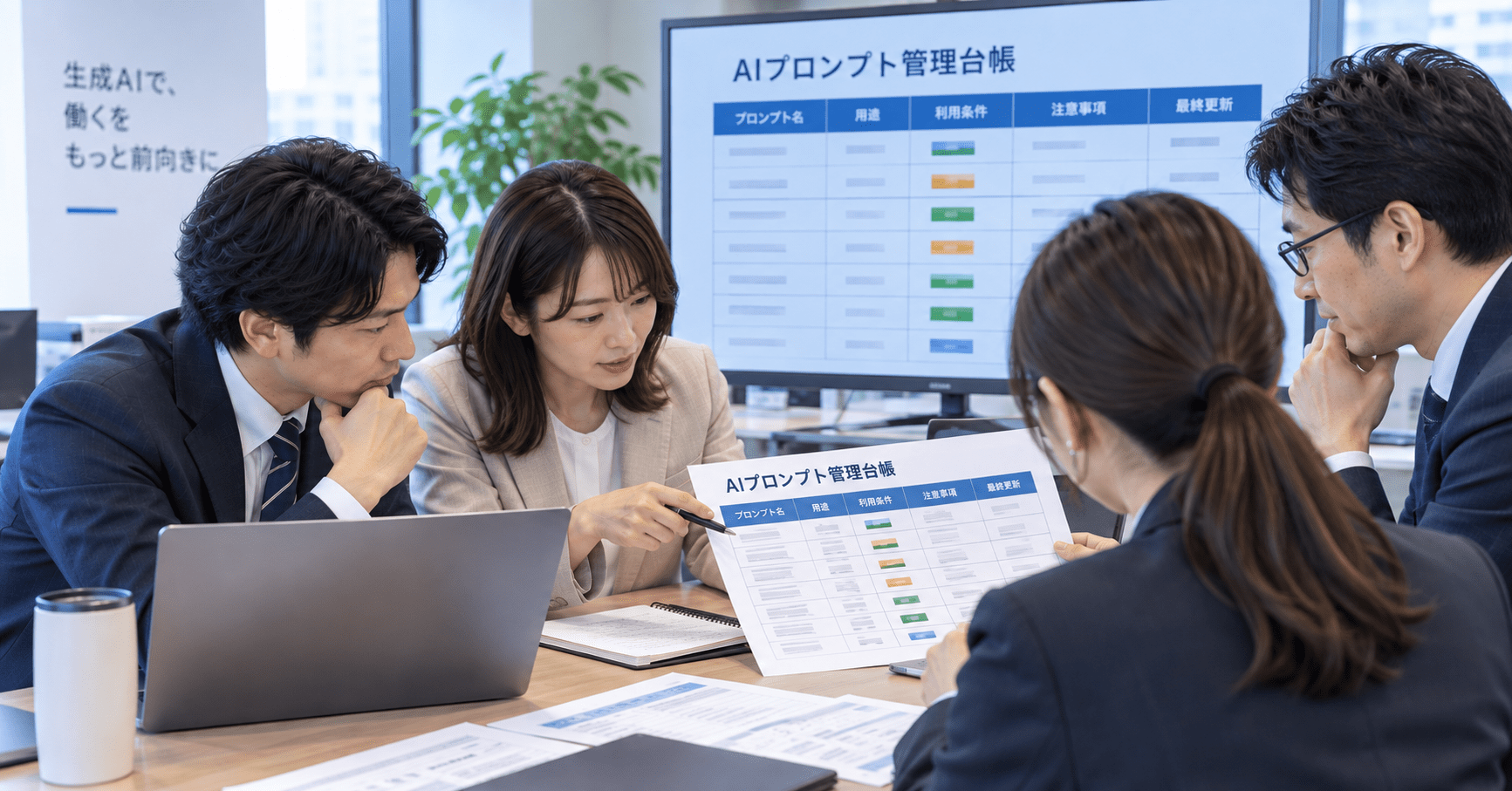 複数の担当者がAIプロンプト管理台帳を確認し利用条件を整理している様子