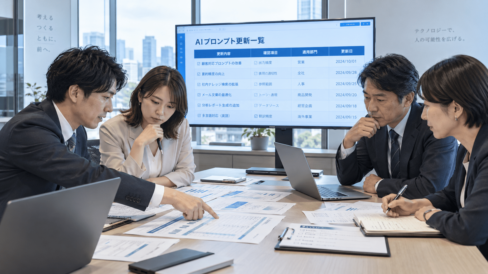 AIプロンプトの更新内容を管理資料と照らし合わせて確認する企業チーム