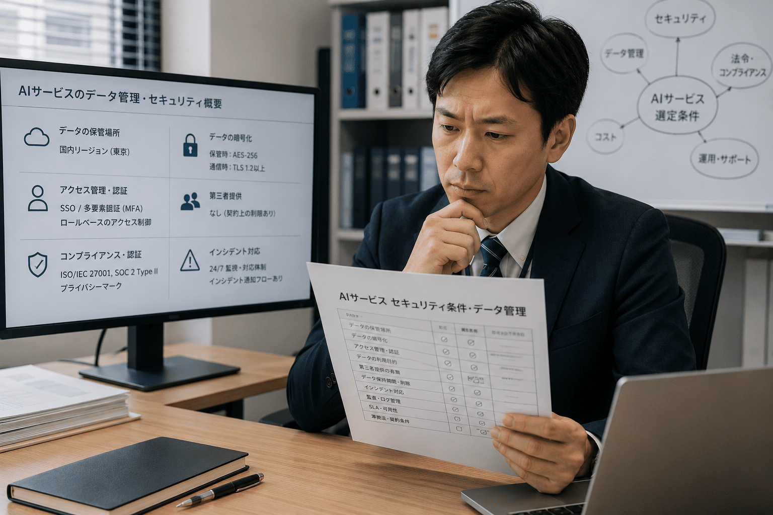 AIサービスのデータ管理やセキュリティ条件を確認する日本企業の担当者