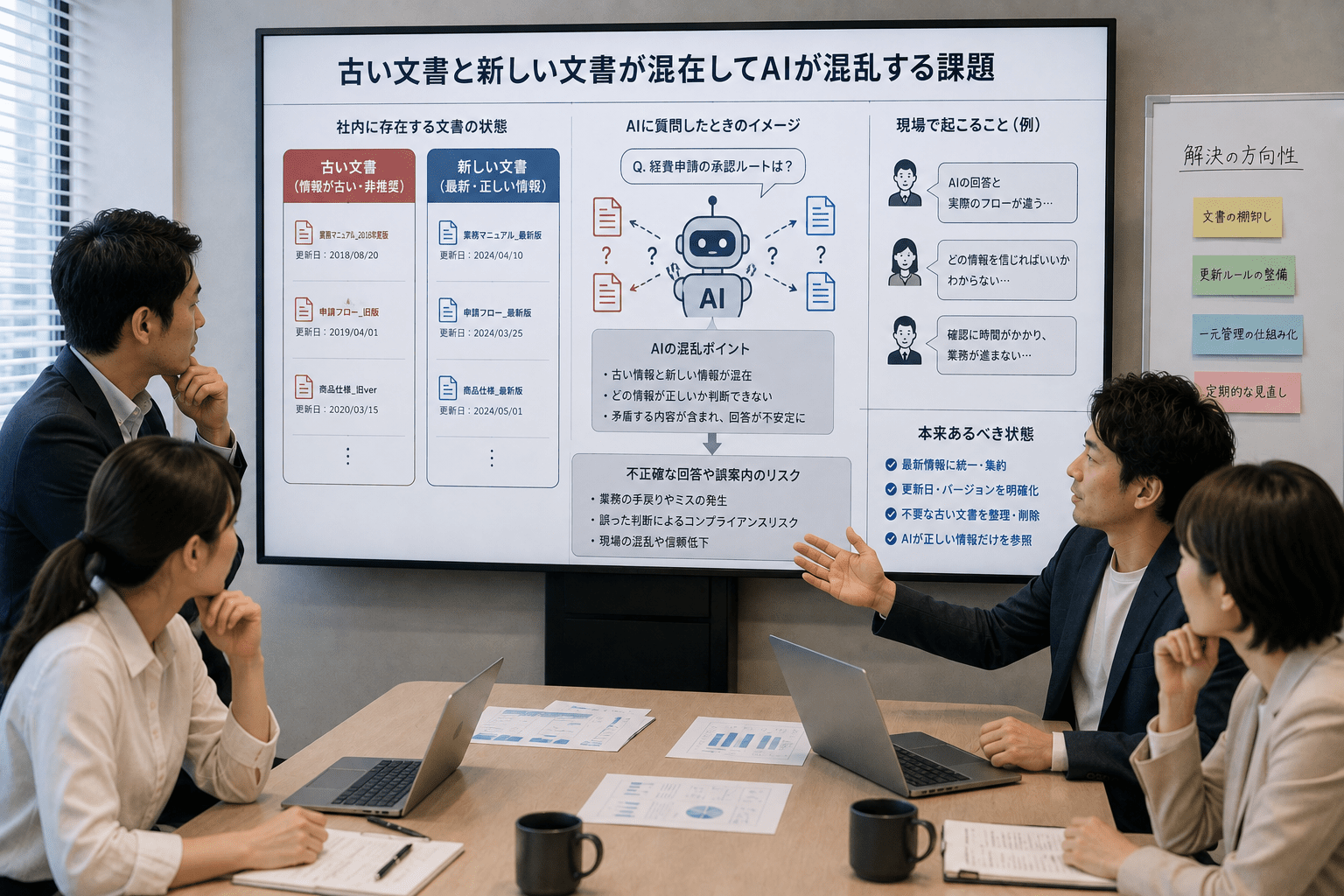 最新版と古い文書が混在したフォルダからAIが情報を検索するイメージ