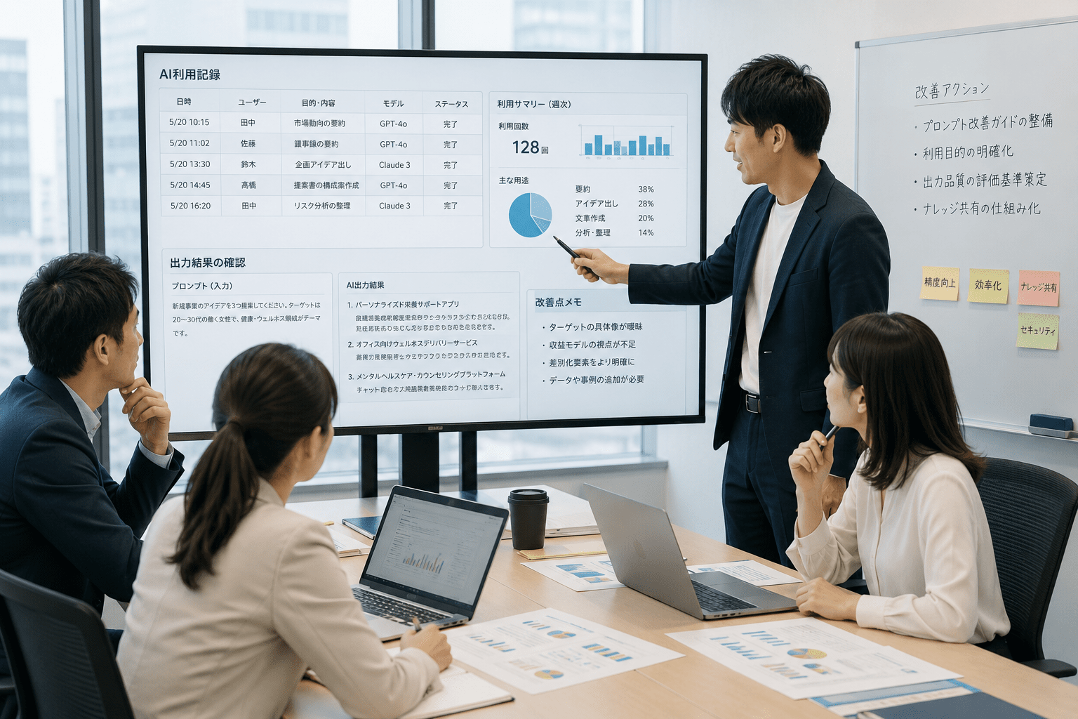 AIの利用記録と出力結果をチームで確認し改善点を整理する日本企業の担当者