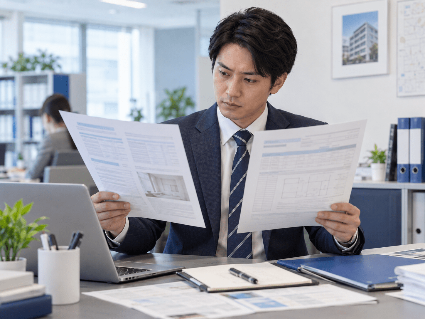 AIで作成した修繕業者への依頼文と元の修繕受付資料を照合する賃貸管理担当者