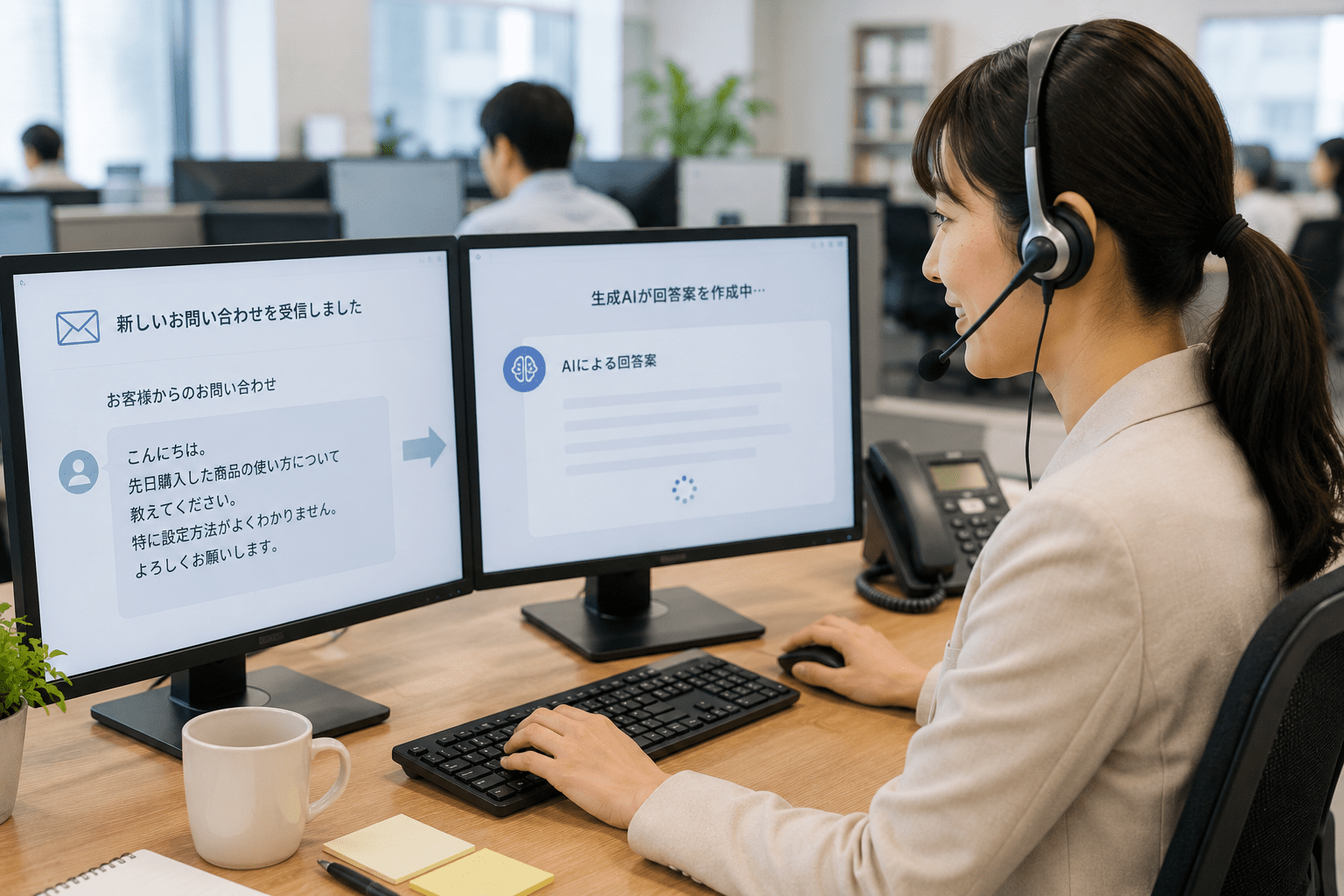 顧客からの問い合わせを受信し、生成AIが回答案を作成し、担当者が確認して送信するまでの業務フロー図