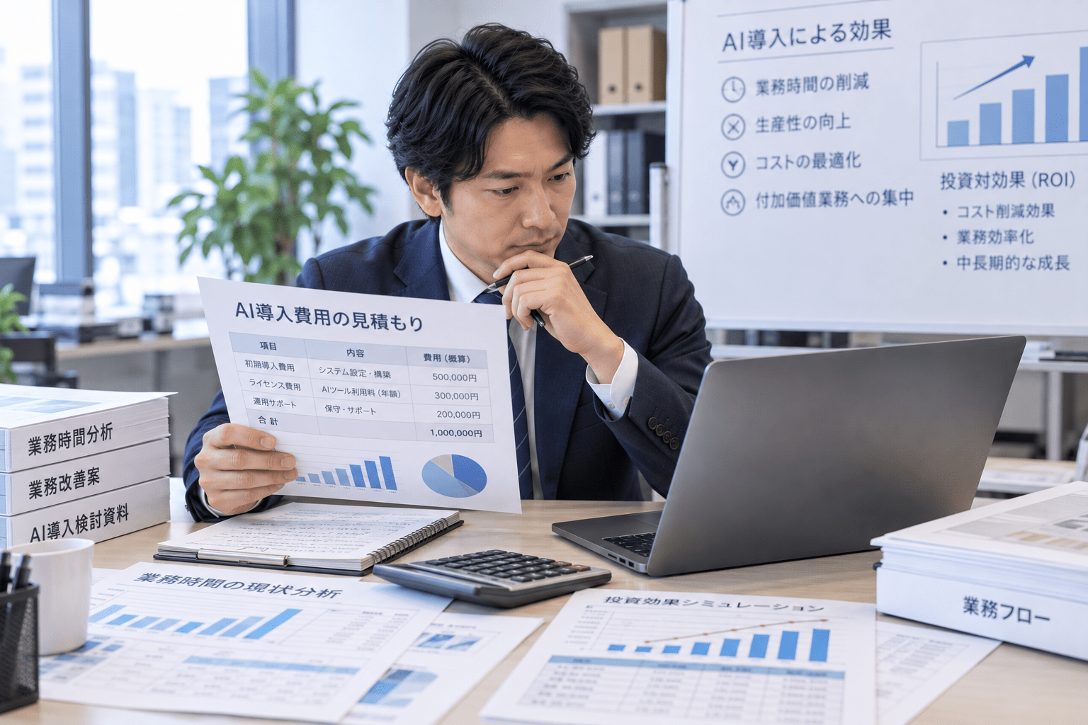 業務時間とAI導入費用を資料で確認しながら投資効果を整理する担当者